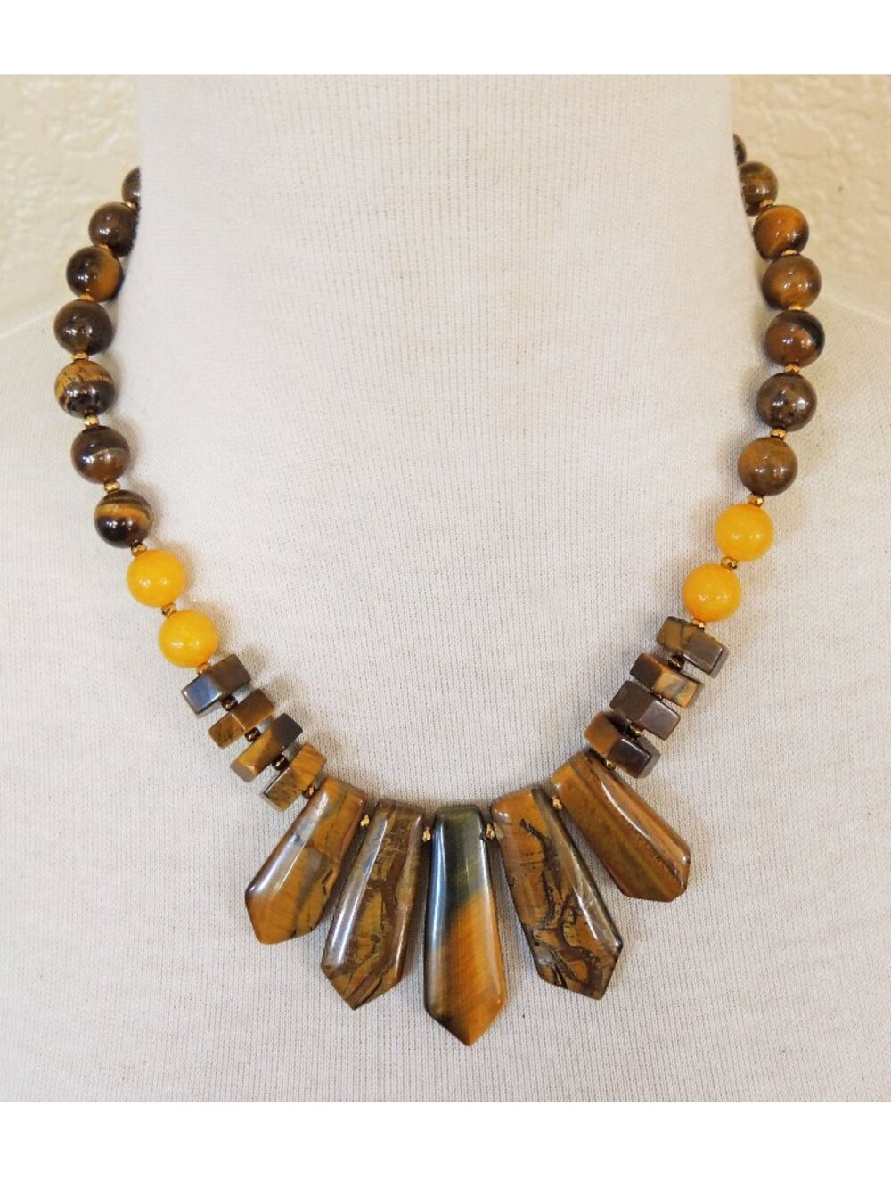 Southwestern Brown Tiger's Eye & Yellow Gold Jade Bib Statement Necklace